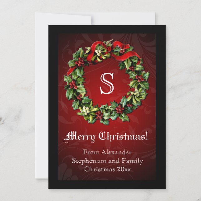 Invitation Monogramme traditionnel Red Christmas Wreath (Devant)