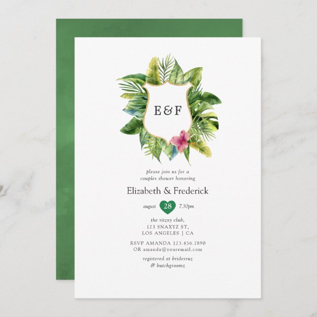 Invitation Monogramme Tropical Summer Beach Couples Douche (Devant / Derrière)