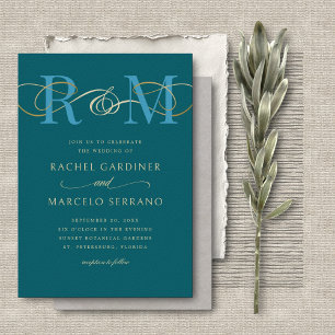 Invitation Monogramme Turquoise Aqua Turquoise QR Code Mariag