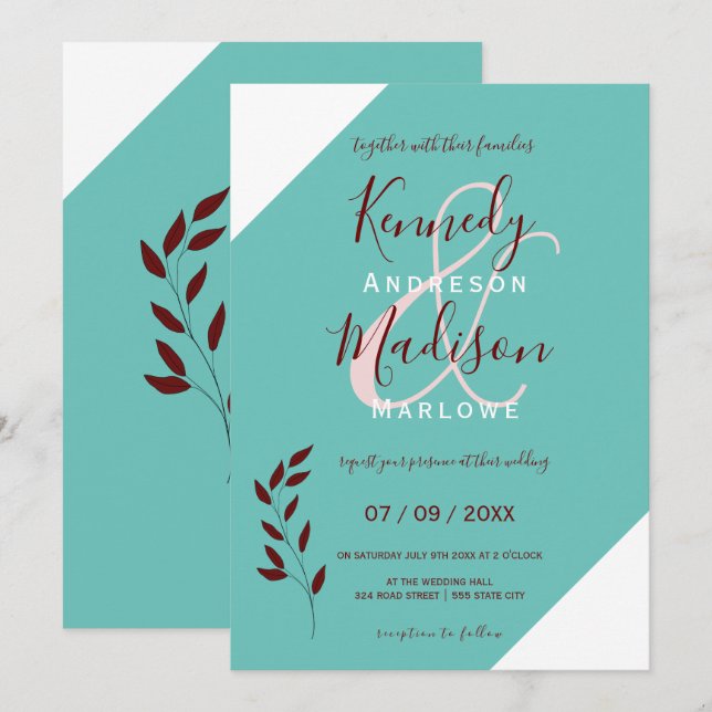 Invitation Monogramme turquoise 💍 Élégance géométrique moder (Devant / Derrière)