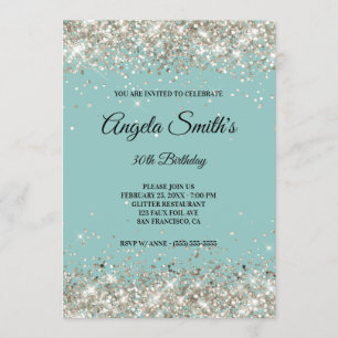 Invitation Monogramme Turquoise Pâle Pailleté de Platine Bril