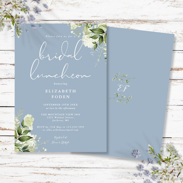 Invitation Monogramme vert Dusty Blue Bridal Luncheon (Greenery Monogram Dusty Blue Bridal Luncheon Invitation)