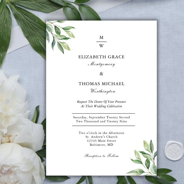 Invitation Monogramme Vert Élégant Moderne Mariage formel (Monogram Greenery Elegant Modern Wedding Invitation)