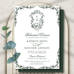 Invitation Monogramme vert foncé Dîner de répétition Vintage 