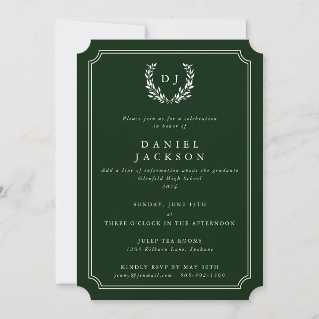Invitation Monogramme vert foncé Laurel Wreath Graduation (Devant)