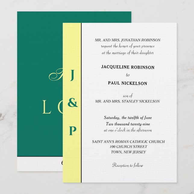 Invitation Monogramme vert jaune tropical minimaliste (Devant / Derrière)