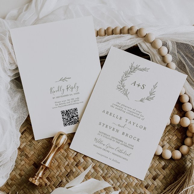 Invitation Monogramme vert olive feuille minimale QR Code Mar (Créateur téléchargé)