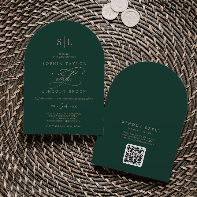 Invitation Monogramme vert romantique QR Code Boho Arch Maria (Romantic Green Monogram QR Code Boho Arch Wedding Invitation)