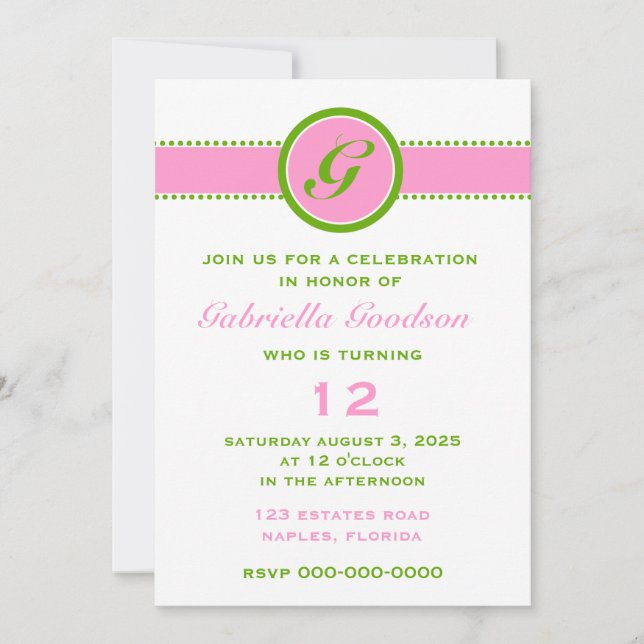 Invitation Monogramme vert rose et citron vert 2 (Devant)