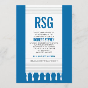 Invitation Monogramme White Stripe Tallit Bar Mitzvah