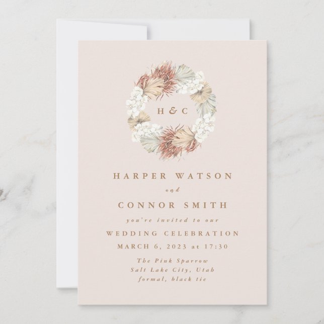 Invitation Monogramme Wreath Pampas Grass Floral Tropical Blu (Devant)