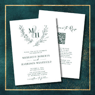 Invitation Monogramme Wreath QR Code Emerald Green Mariage