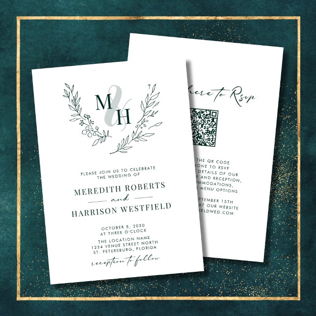 Invitation Monogramme Wreath QR Code Emerald Green Mariage (Elegant Monogram Laurel Wreath Emerald Green QR Code Double Sided Wedding Invitation)