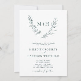Invitation Monogramme Wreath QR Code Forest Green Mariage