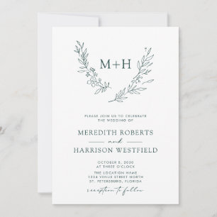 Invitation Monogramme Wreath QR Code Forest Green Mariage