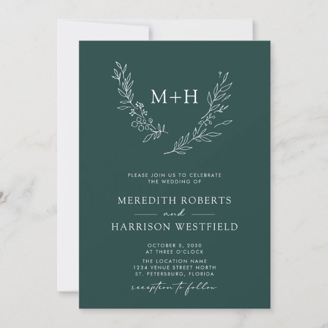 Invitation Monogramme Wreath QR Code Forest Green Mariage (Devant)
