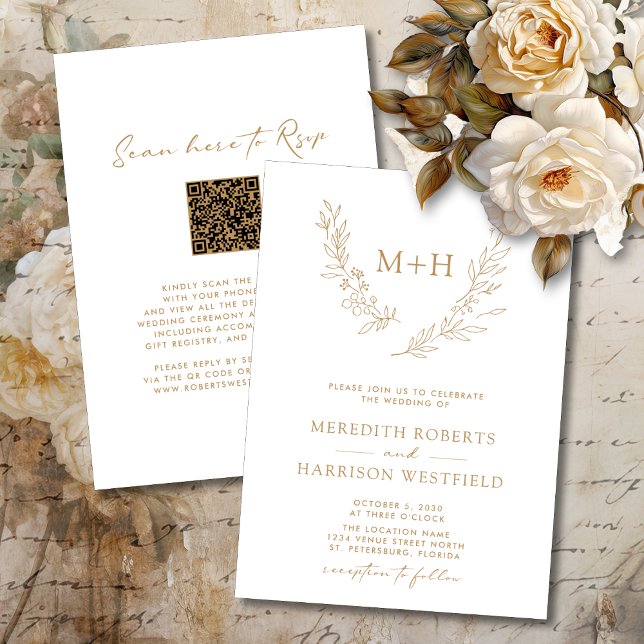 Invitation Monogramme Wreath QR Code Gold sur Mariage blanc (Elegant Monogram Laurel Wreath QR Code RSVP Double Sided Gold 
 on White Wedding Invitation)