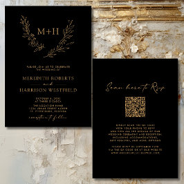 Invitation Monogramme Wreath QR Code Gold sur Mariage noir