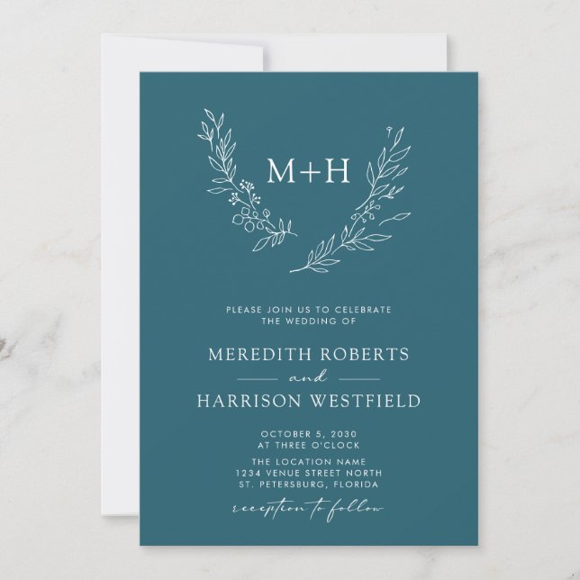 Invitation Monogramme Wreath QR Code Mariage bleu Turquoise (Devant)