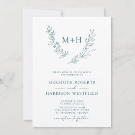 Invitation Monogramme Wreath QR Code Mariage bleu Turquoise
