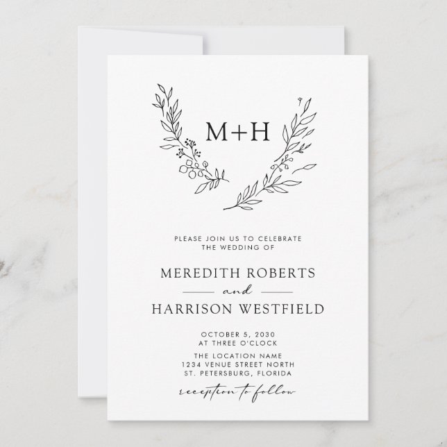 Invitation Monogramme Wreath QR Code Mariage noir et blanc (Devant)
