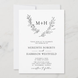 Invitation Monogramme Wreath QR Code Mariage noir et blanc