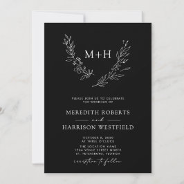 Invitation Monogramme Wreath QR Code noir blanc Mariage
