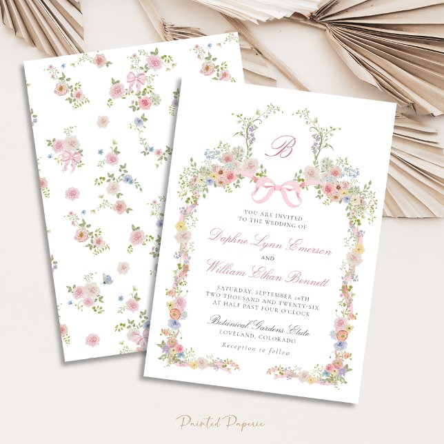 Invitation Monogrammed Bows and Wildflowers Wedding (Monogrammed Bows and Wildflowers Victorian Wedding Invitation
)