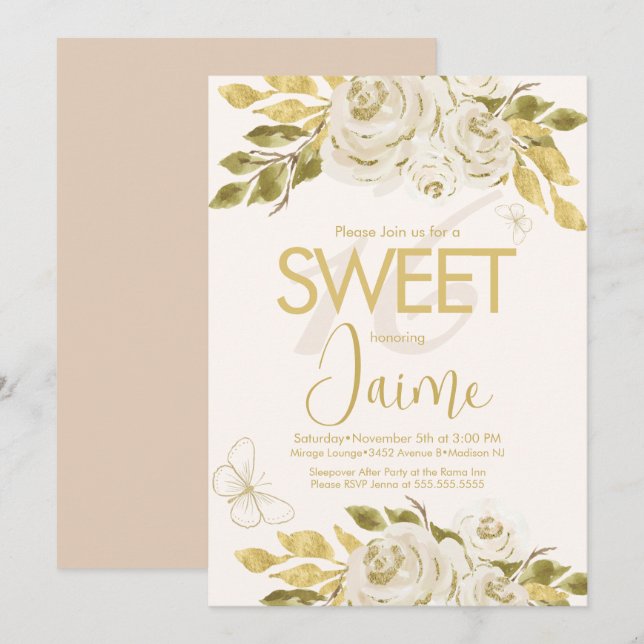 Invitation Monogrammed Sweet 16 Florales Roses d'ivoire rose (Devant / Derrière)