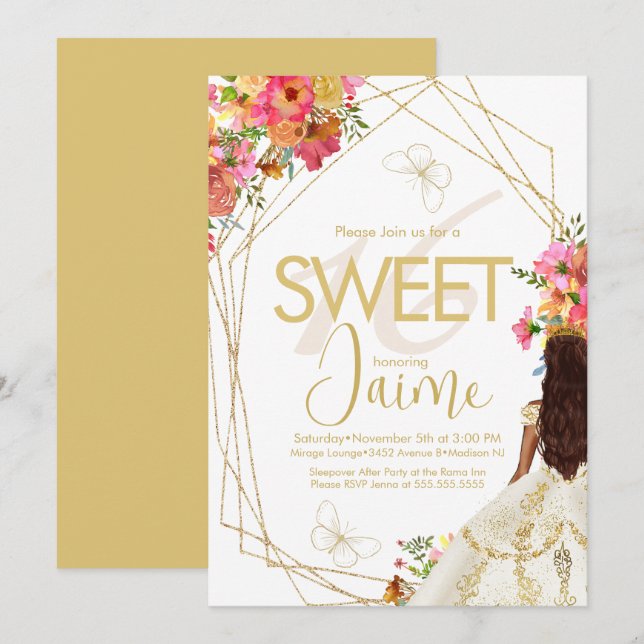 Invitation Monogrammed Sweet 16 Florals Garden Girl (Devant / Derrière)