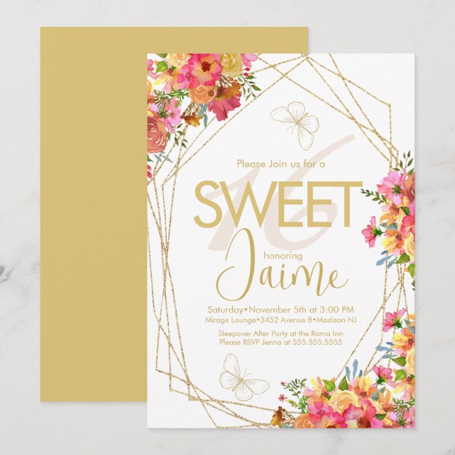 Invitation Monogrammed Sweet 16 Florals Papillons de jardin (Devant / Derrière)