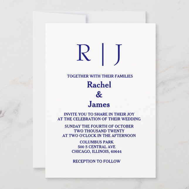 Invitation Monogrammes bleu marine Minimal Simple Élégant Mar (Devant)