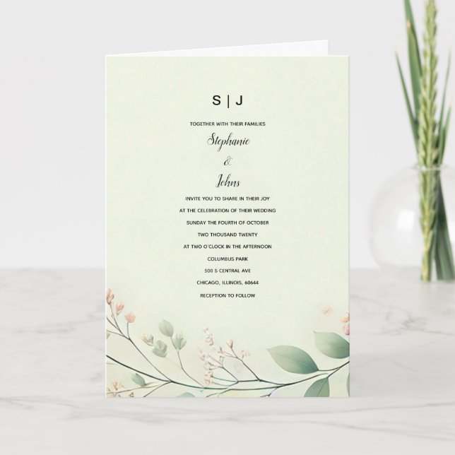 Invitation Monogrammes Feuille Floral Beige Sage Vert Mariage (Devant)