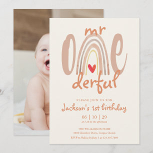 Invitation Monsieur Onederful Boho Rainbow Heart Photo 1er An