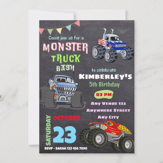Invitation Monster Bash Truck Theme Anniversaire de enfant Pa (Devant)
