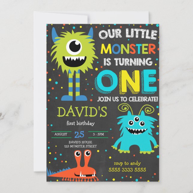 Invitation Monster First Birthday Boy Little Monster Chalk (Devant)