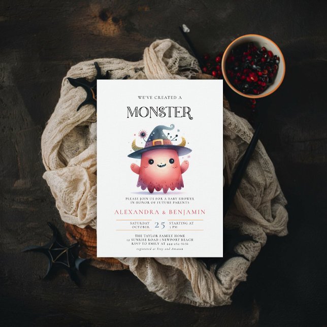 Invitation Monster Halloween Automne Octobre Coed Girl Douche (fall halloween baby shower invitation cute monster watercolor character coed couple october)