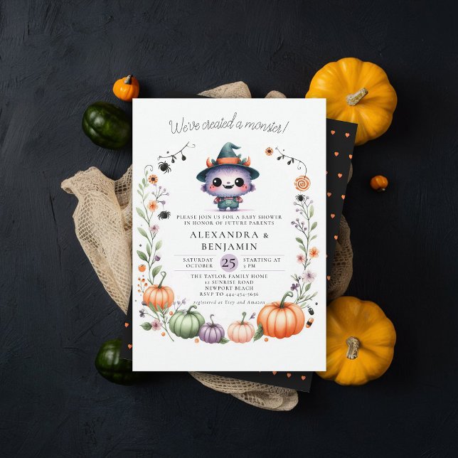 Invitation Monster Halloween Automne Wreath Coed Girl Douche (halloween baby shower invitation cute monster watercolor character coed couple october fall floral)