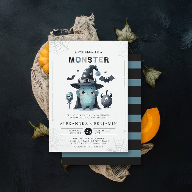Invitation Monster Halloween Coed Boy Baby shower (halloween baby shower invitation cute monster watercolor character coed couple october fall)
