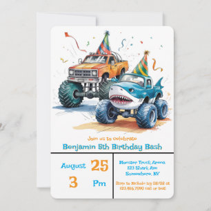 Invitation Monster Shark Camion Anniversaire Bash Watercolor 