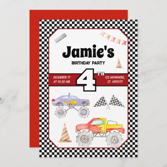 Invitation Monster Truck 4e anniversaire (Devant / Derrière)