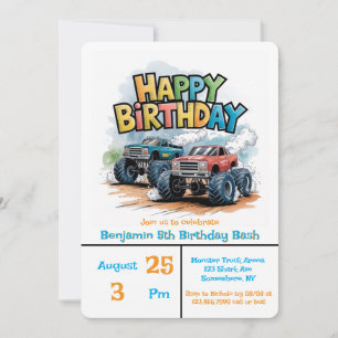 Invitation Monster Truck Anniversaire Bash Watercolor Art