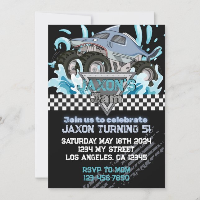 Invitation Monster Truck Anniversaire Invitation-Blue Shark (Devant)
