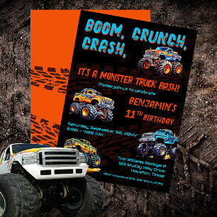 Invitation Monster Truck Bash Boy 11e fête d'anniversaire
