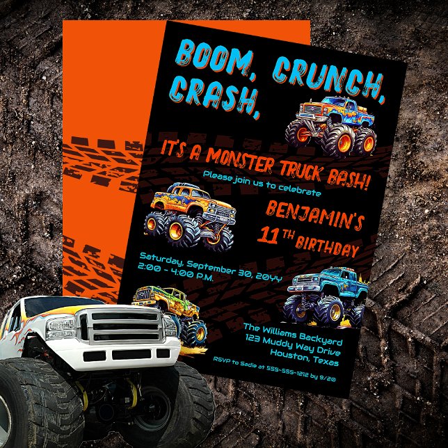 Invitation Monster Truck Bash Boy 11e fête d'anniversaire ("Boom, Crunch, Crash, It's A Monster Truck Bash" Boy's 11th Birthday Party Invitation)
