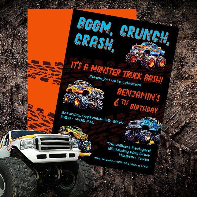 Invitation Monster Truck Bash Boy 6e fête d'anniversaire ("Boom, Crunch, Crash, It's A Monster Truck Bash" Boy's 6th Birthday Party Invitation)
