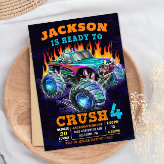 Invitation Monster Truck Boy 4e fête d'anniversaire