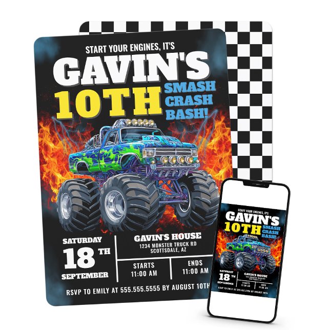 Invitation Monster Truck Cool Bleu 10e anniversaire Personnal (Créateur téléchargé)