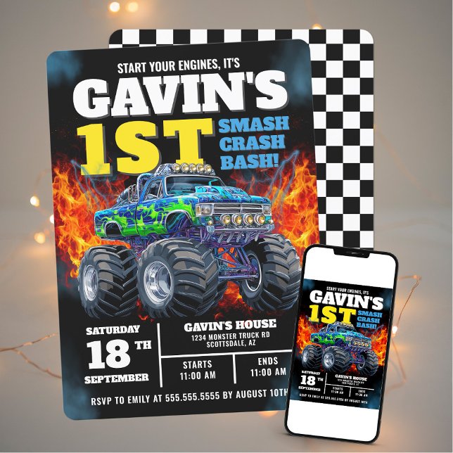 Invitation Monster Truck Cool Bleu 1er anniversaire Personnal (Créateur téléchargé)