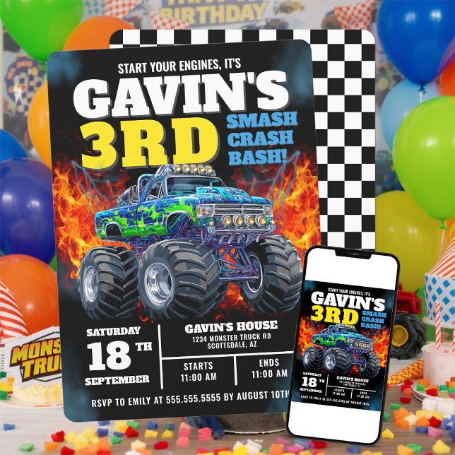 Invitation Monster Truck Cool Bleu 3e anniversaire Personnali (Créateur téléchargé)